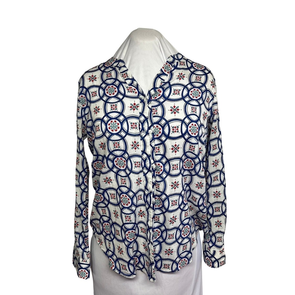 Liz Claiborne Women's Medium Cotton Button Down Shirt Blue Red Tile Geometric